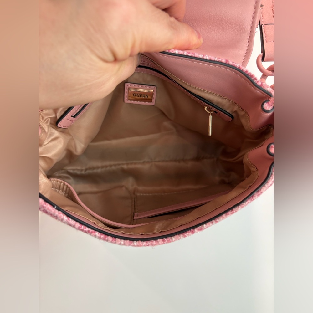GUESS | Pink Gingham Tweed Crossbody Bag with Leather Trim - Picture 10 of 17